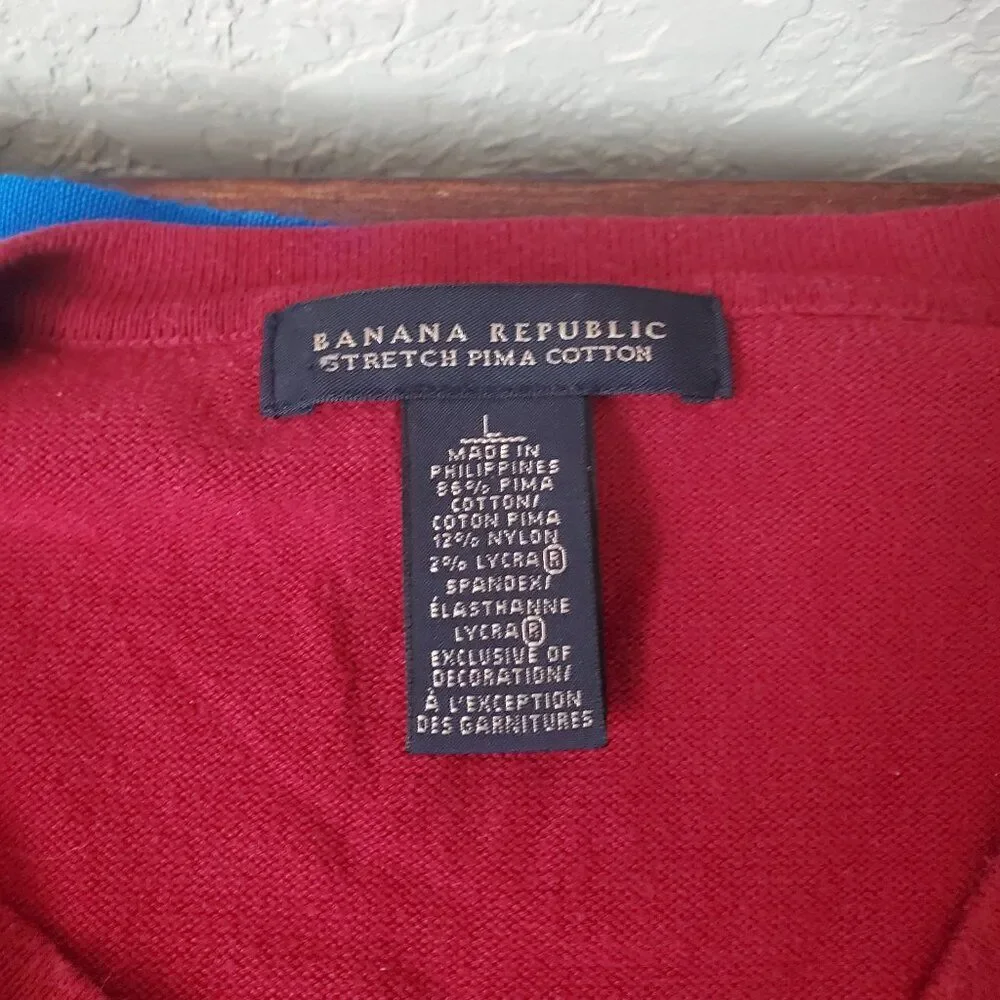 VTG Banana Republic Pima Cotton Sweater Shirt L Maroon Red Striped V-Neck Tee